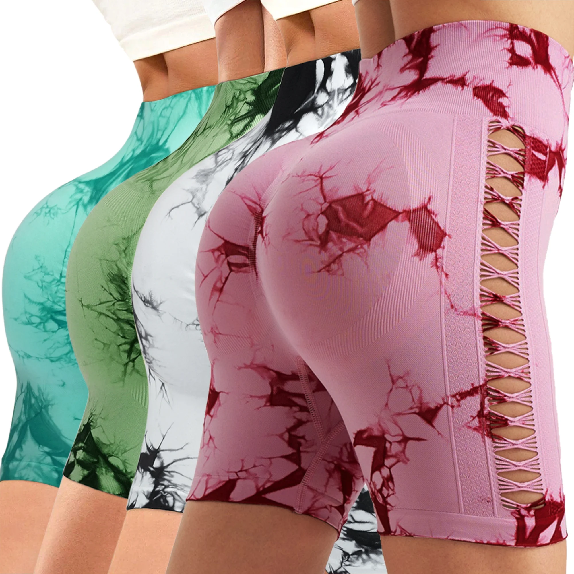 Short d'entraînement sans couture pour femmes, taille haute, teinture par nouage, Sport, Yoga, été, respirant, ajouré, élastique, pantalon de levage des hanches, 2025