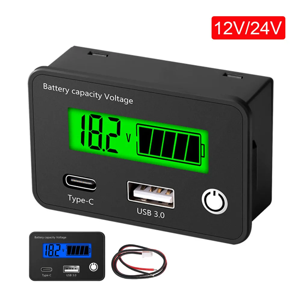 Tester 24V 12V Miernik napięcia samochodowego Miernik pojemności akumulatora z ładowarkami USB typu C 3.0 Adapter gniazda Wskaźnik LCD Cyfrowy