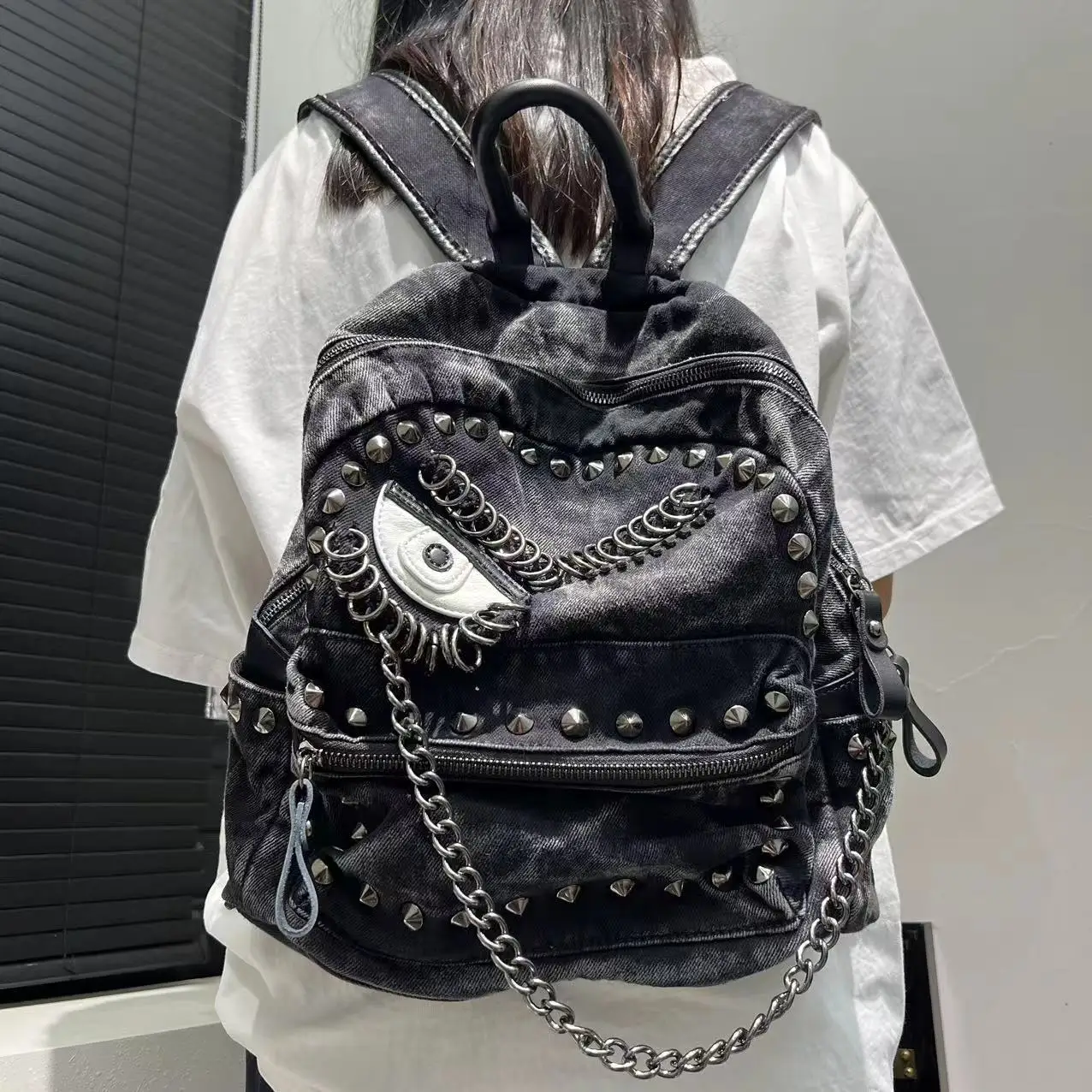 Women\'s Fashion Steampunk Denim Backpack Large Capacity Rivet Chain Shoulder Handbag