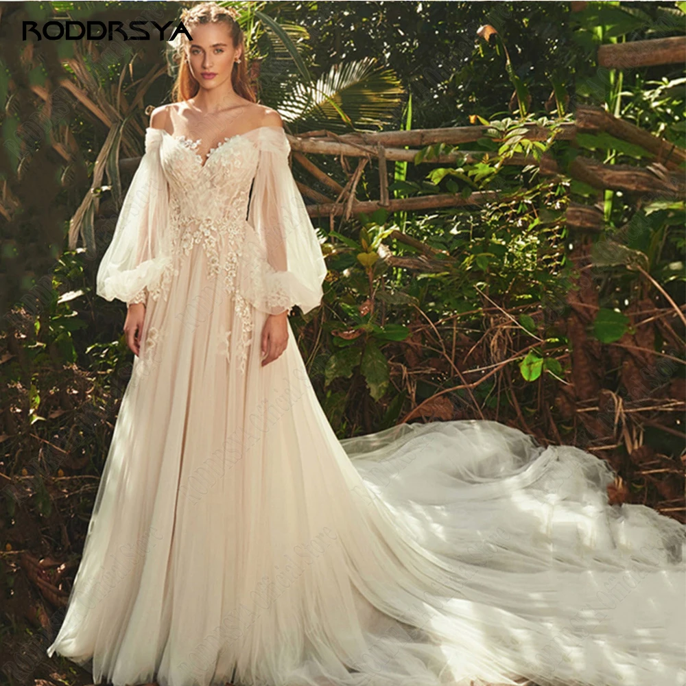 RODRSYA Light Champagne Abiti da sposa Pastrol Puff Maniche Lunghe 3D Fiori Abiti da spRODDRSYA abiti da sposa Champagne chiaro Pastrol Puff maniche lunghe fiori 3D abiti da sposa a-line Sexy Backless vestidos de novia