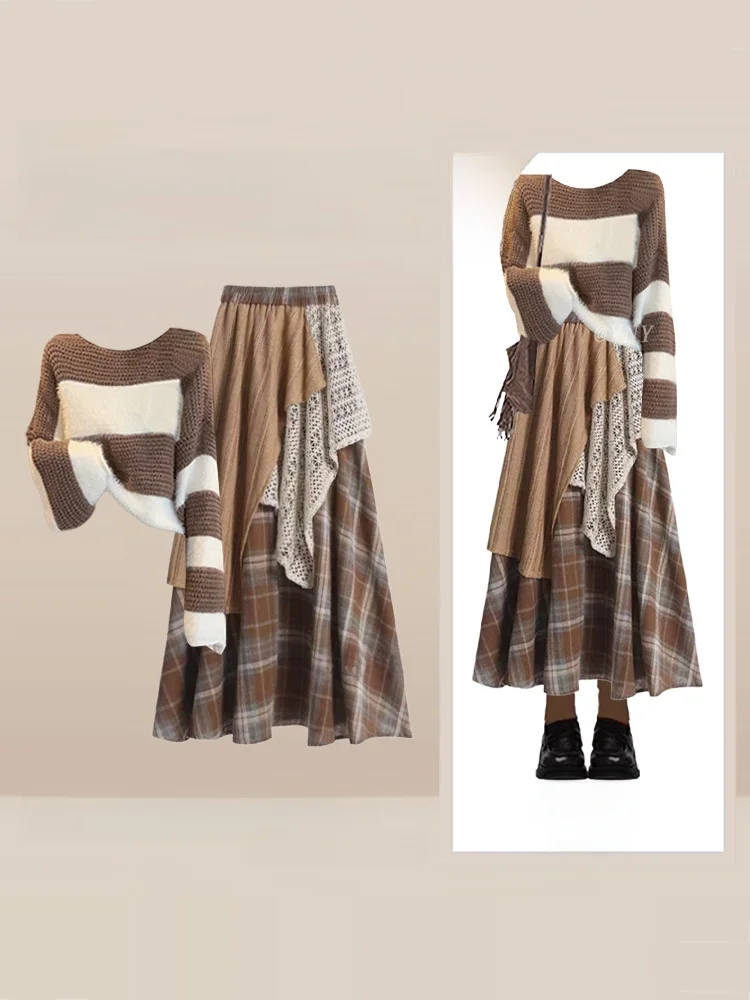 

Ранняя осень, американский вязаный длинный све, кружевной круглый женский комплект Ne с юбкой, ансамбль по gujie