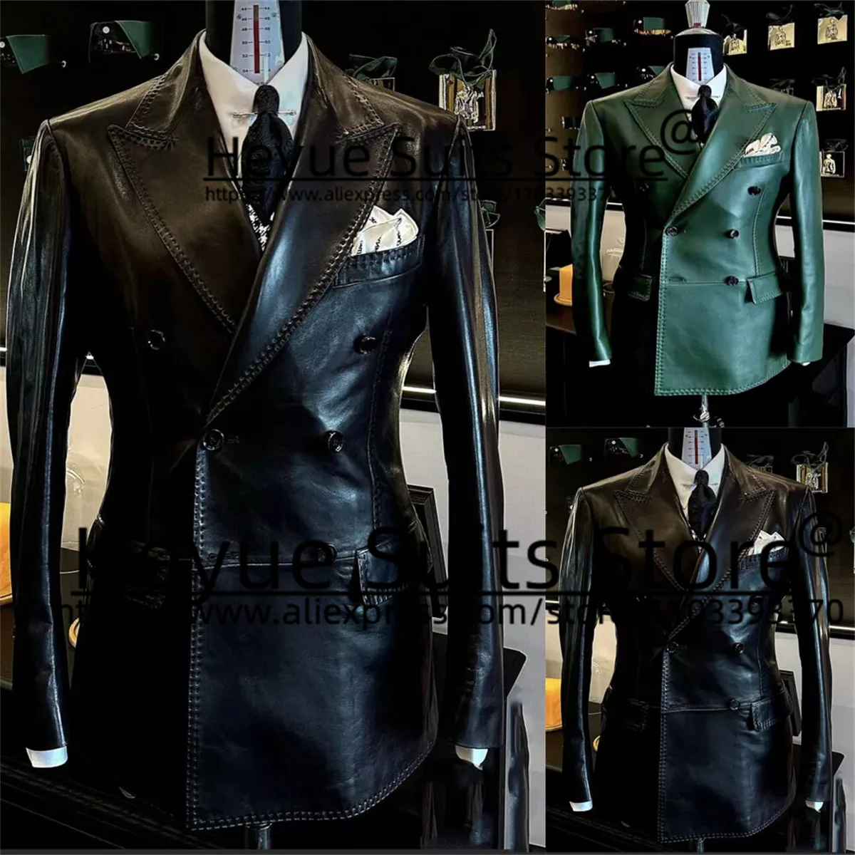 

High Qublity Green Leather Men Suits Slim Fit Double Breasted Groom Tuxedos 2Pieces Sets Classic Male Blazers trajes para hombre