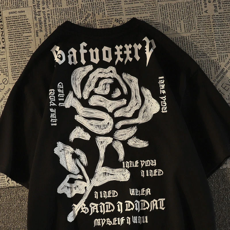 Neues Retro-High-Street-Rose-loses, trendiges Sommer-T-Shirt im Hongkong-Stil, 100 % Baumwolle, cool, vielseitig, für Erwachsene und Herren, weich
