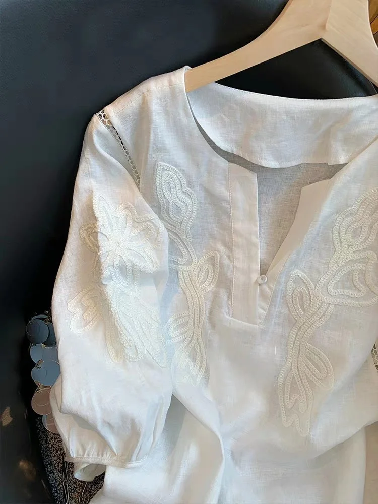

White Heavy Embroidery Linen irt Women Summer Vintage Sle Loose Hollow out Splicing Cotton Linen Small Top Upperwear