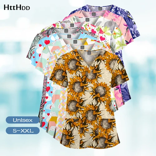 Imagen 1 del producto Gran oferta, Tops exfoliantes estampados con cuello en V para mujeres y hombres, uniforme de enfermera, uniformes elásticos transpirables, blusas médicas superiores al por mayor