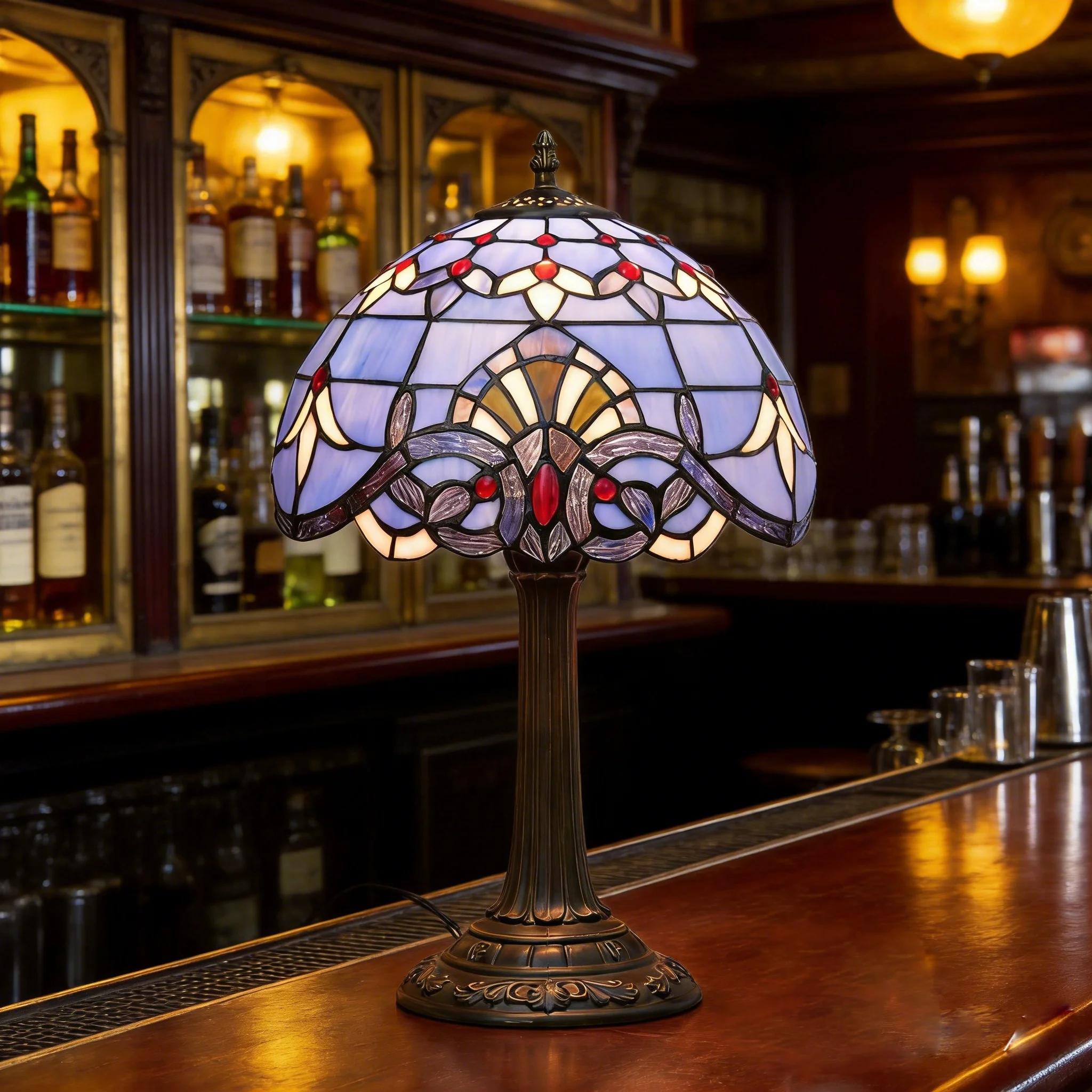 Tiffany Table Lamp Blue Baroque Style Stained Glass Lamp 12 Inch Antique Lamp for Office Home Bedroom Living room