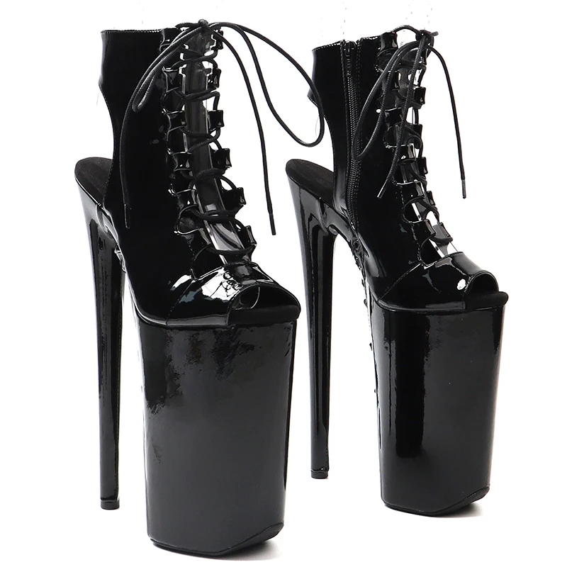 Leecabe 26CM/10inches Patent Open Toe Upper Ankle Boot Trend Fashion High Heels Platform Lace Up Stripper Heel Pole Dance Shoes
