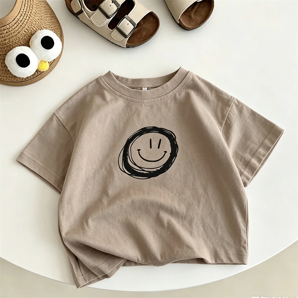 Summer Clothes For 1-7Years Old Child White Darkgray Brown T-shirt Thin All-match Base Shirt Toddler Boys Loose Simple Tees