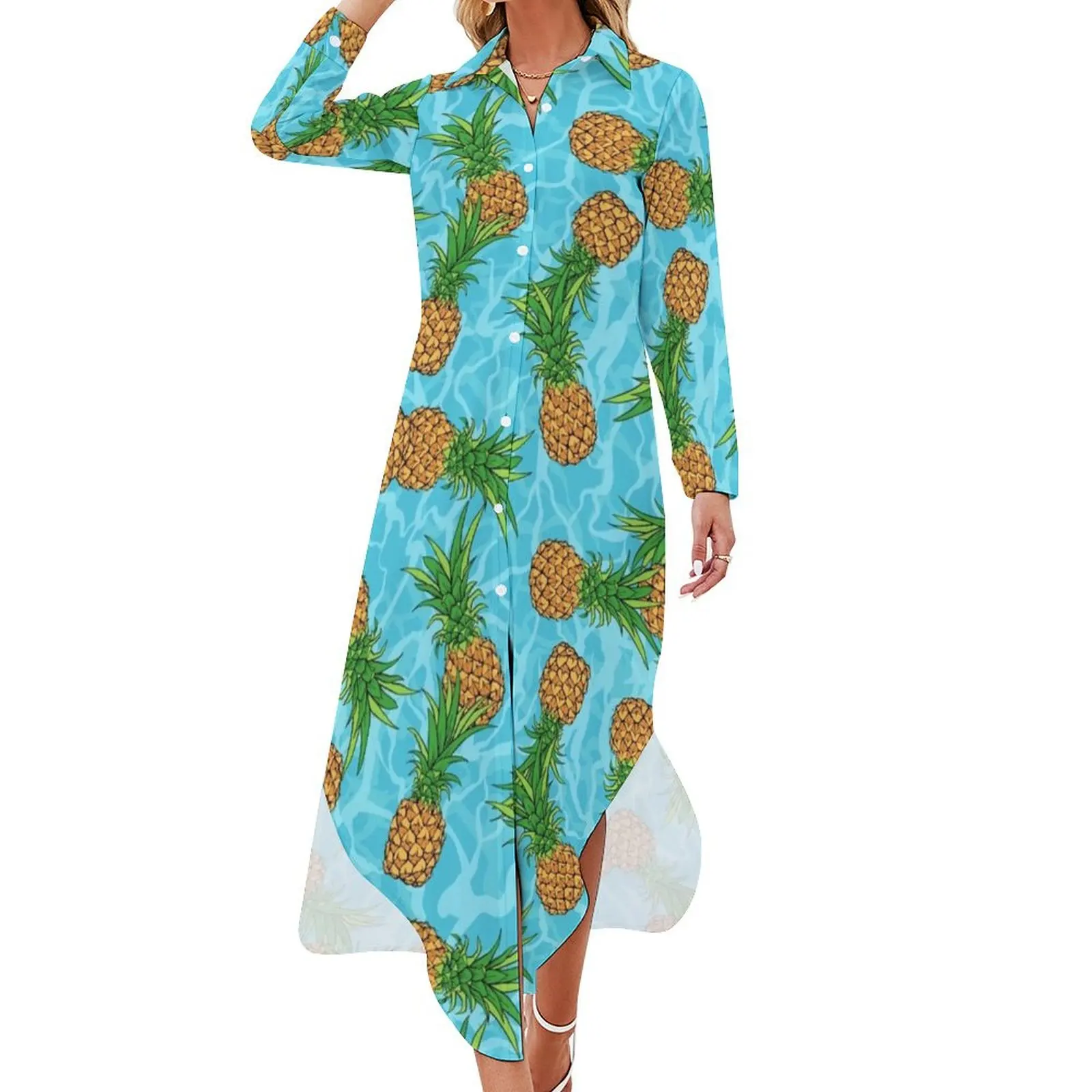 

Pineapple Floating On The Ocean Tropical Seamless Pattern Hand Drawn Design Long Sleeved Shirt Dress dress women summer