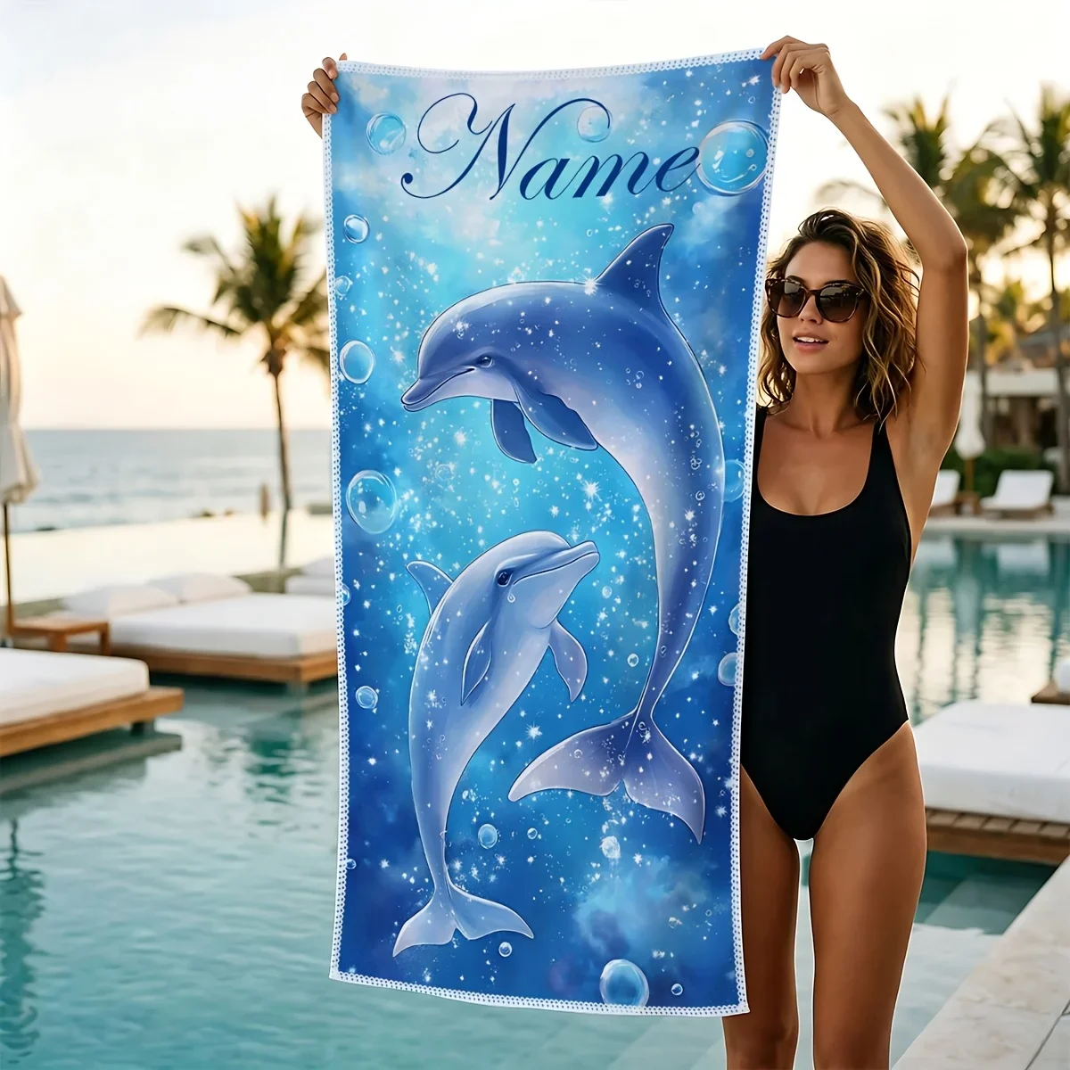 [Skin-Friendly Bath Towel]Dolphin Beach Towel | Custom Name, Soft, Quick-Drying | Lightweight for Pool, Summer, Fitness, Campin