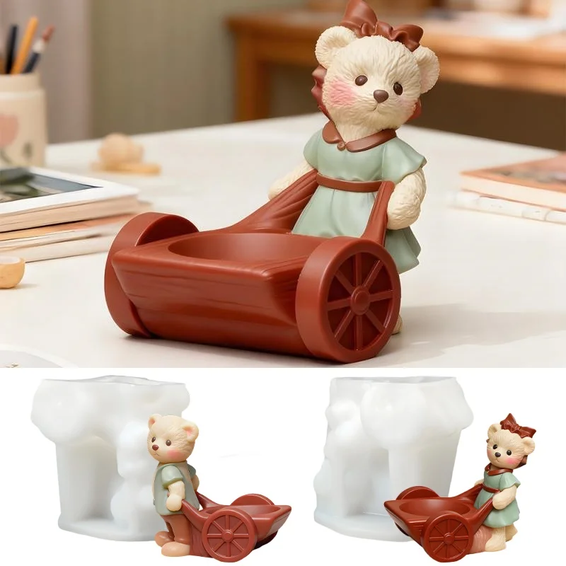 3D Cartoon Teddy Bear Handcart Desktop Ornament Plaster Silicone Mold Little Bear Hydroponic Vase Holder Resin Molds Home Decor