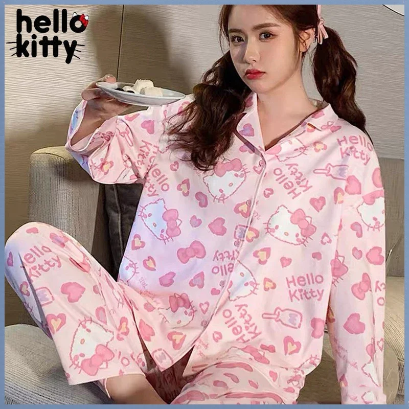 Hello Kitty Pajamas Kawaii Cute Women Long Sleeve Sleepwear Fashion Y2k Girl Breathable Warm Cardigan Pajamas Nightshirt Gifts