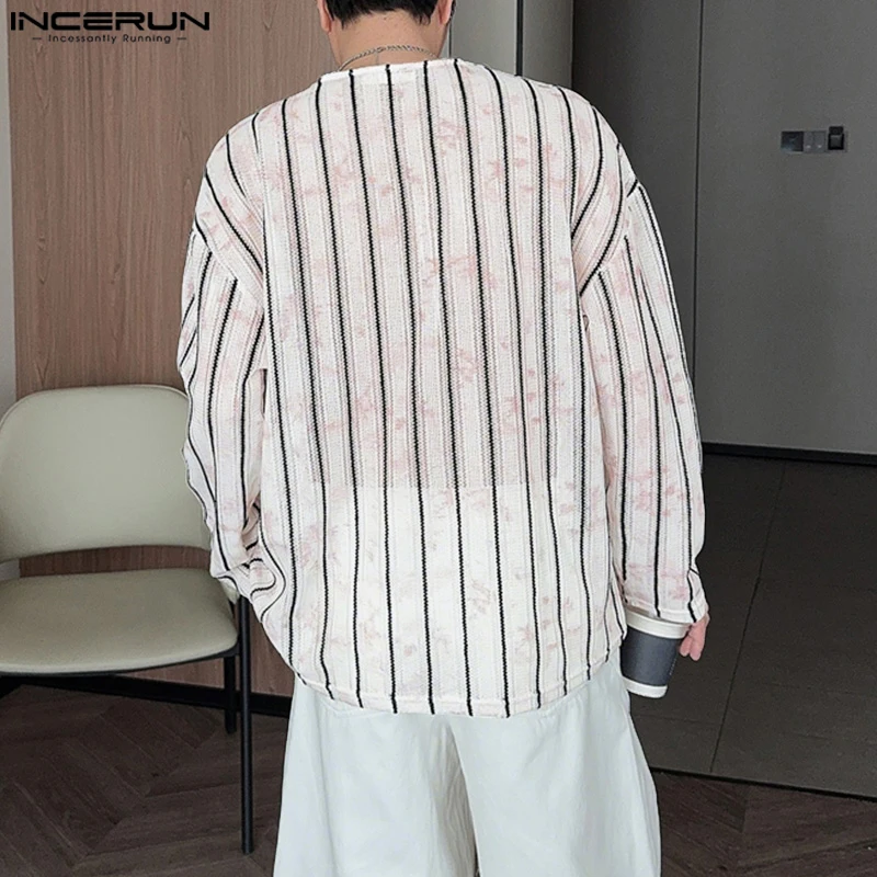 INCERUN الرجال تي شيرت مخطط طباعة الخامس الرقبة طويلة الأكمام الجوف خارج انظر من خلال الذكور المحملة القمم كبيرة الحجم الشارع الشهير 2025 الرجال الملابس