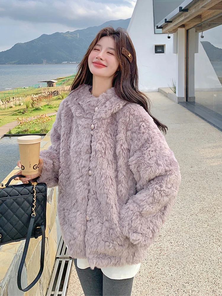 جاكيت نسائي جديد للخريف والشتاء من فرو الحمل الأرجواني المضاد للشيخوخة مع غطاء للرأس، سترة جلدية دافئة ومبطنة