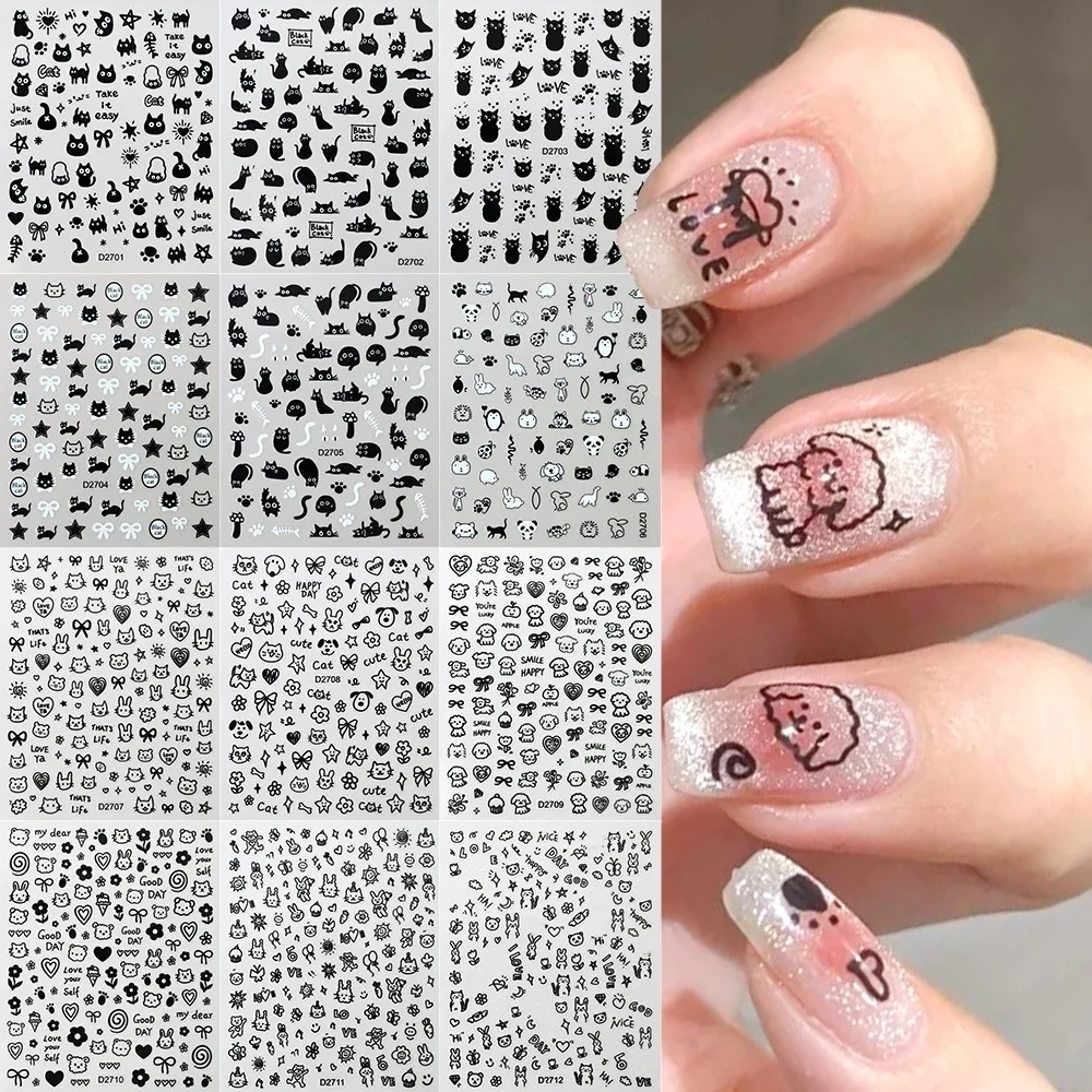 12 Designs Black Cat Nail Stickers Kawaii Cartoon Cat Stars Letters Nail Decals Y2K Korean Japanese Sliders Manicure Decorations