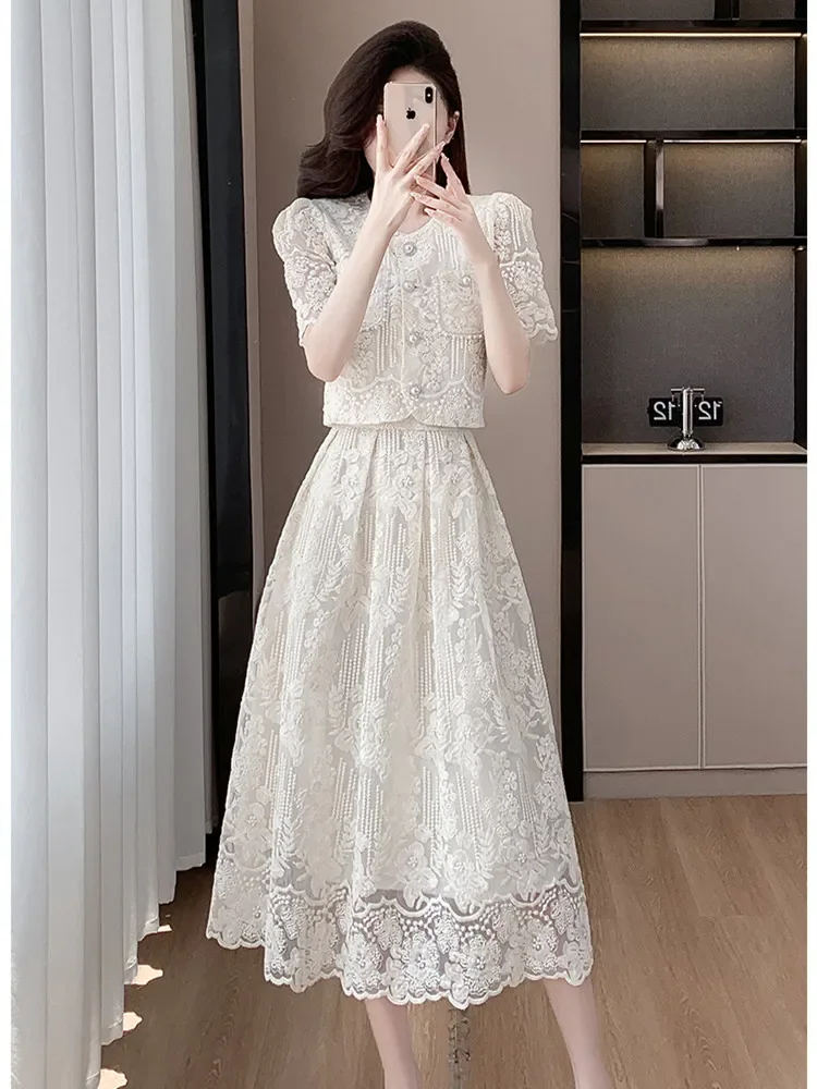 New High End Summer Lace Two Piece Set Women Korean Fashion Embroidery Hollow Out Beaded Short Sleeve Shirt Top Midi Skirt Suit