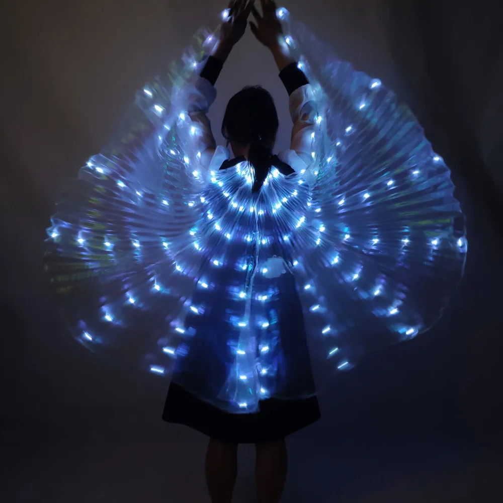 Capa luminosa de led, pano transparente branco, gancho à mão, fluorescente, adereços de dança do ventre, realizando asas de led para adultos
