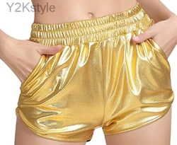 2023 Fashion Women High Waist Shorts Shiny Metallic Leg Gold Silver Fashion Night Club Dancing Wear Sexy Shorts Workout Party