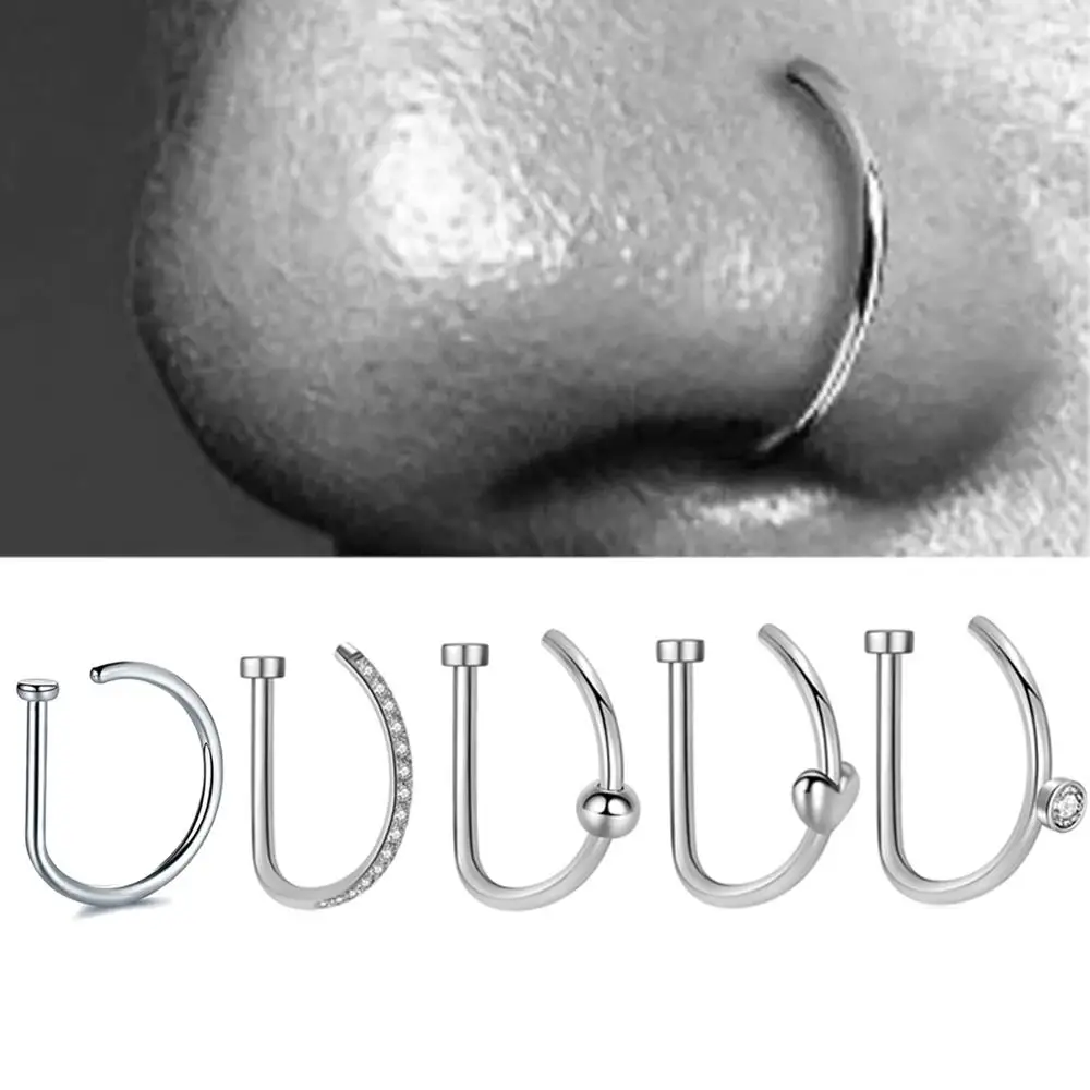 5Pcs 18G Stainless Steel D Shape Thin Nose Ring Screw Hoop Curved Barbells Fake Lip Piercing, Hypoallergenic Nose Septum Clip