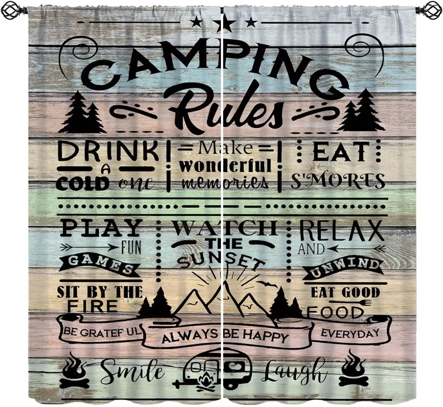

RV Camper Window Curtains Retro Farmhouse Camping Rules Quote Window Treatments for Travel Trailer Rustic Cabin Country Happy