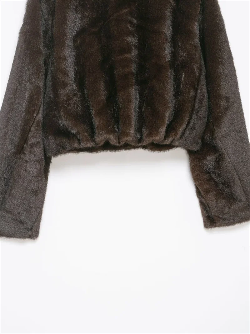 Women's Coat 2025 Winter New Deep Brown Long Sleeve Faux Fur Short Warm Jacket High-end Fashion Elegant and Stylish