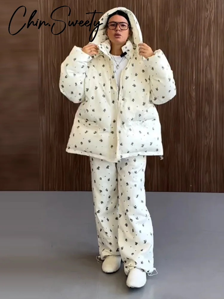 2025 الشتاء طباعة معطف السراويل النساء الزي أنيقة هودي كم طويل جيب سحابات سترة واسعة الساق بنطلون سيدة عادية مجموعة جديد #3