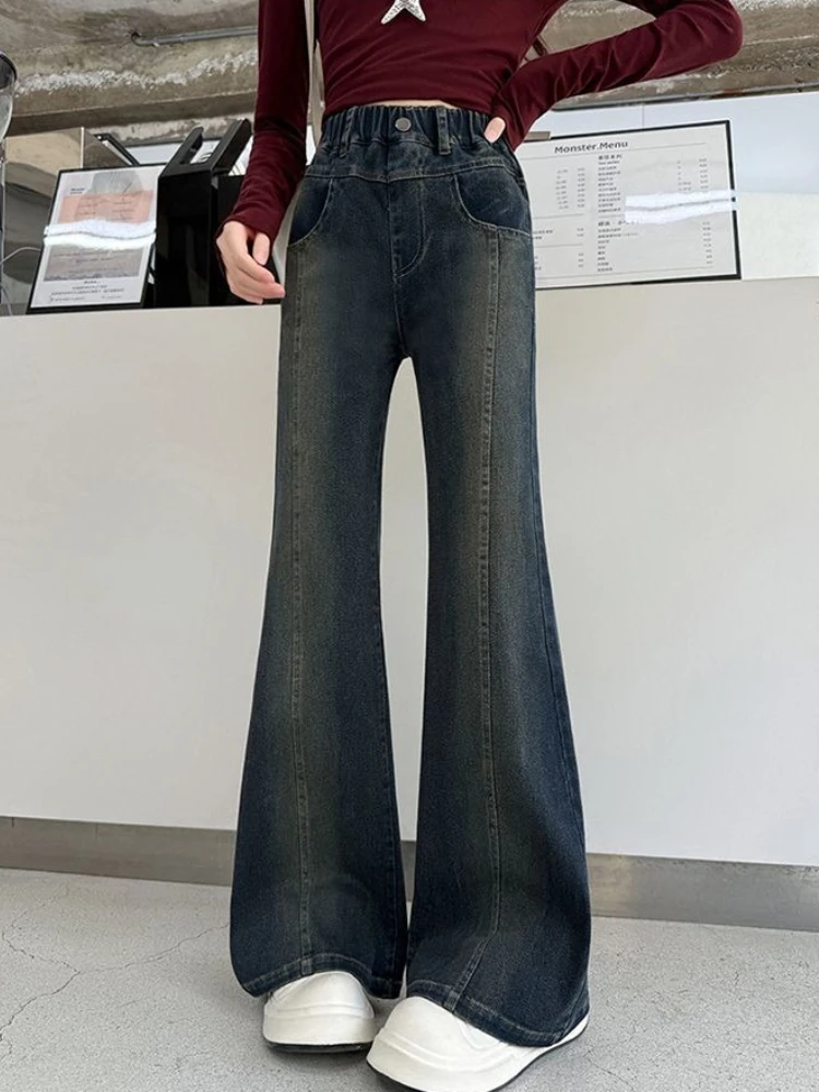 Girls Flare Jeans 2026 Winter Fleece Lined High Waist Micro Bell Bottom Denim Pants Kids Trousers