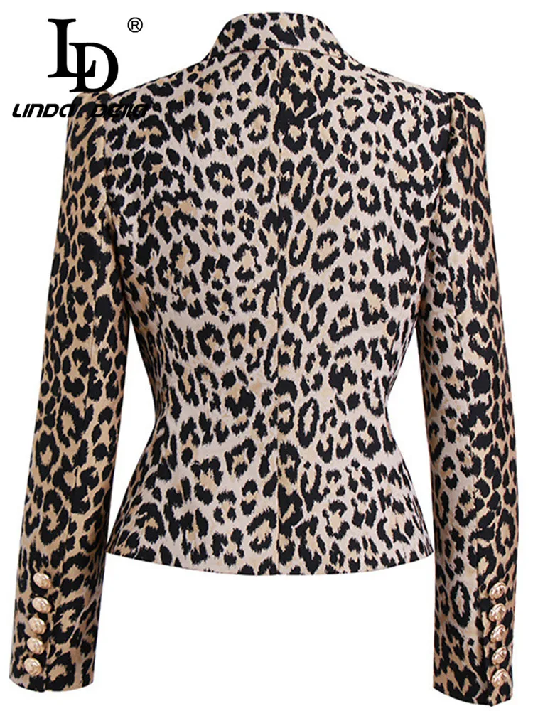 LD LINDA DELLA Autumn winter Vintage Fashion Coat Women long sleeve Leopard Print Double-breasted Intersect Slim Fit Travel Coat