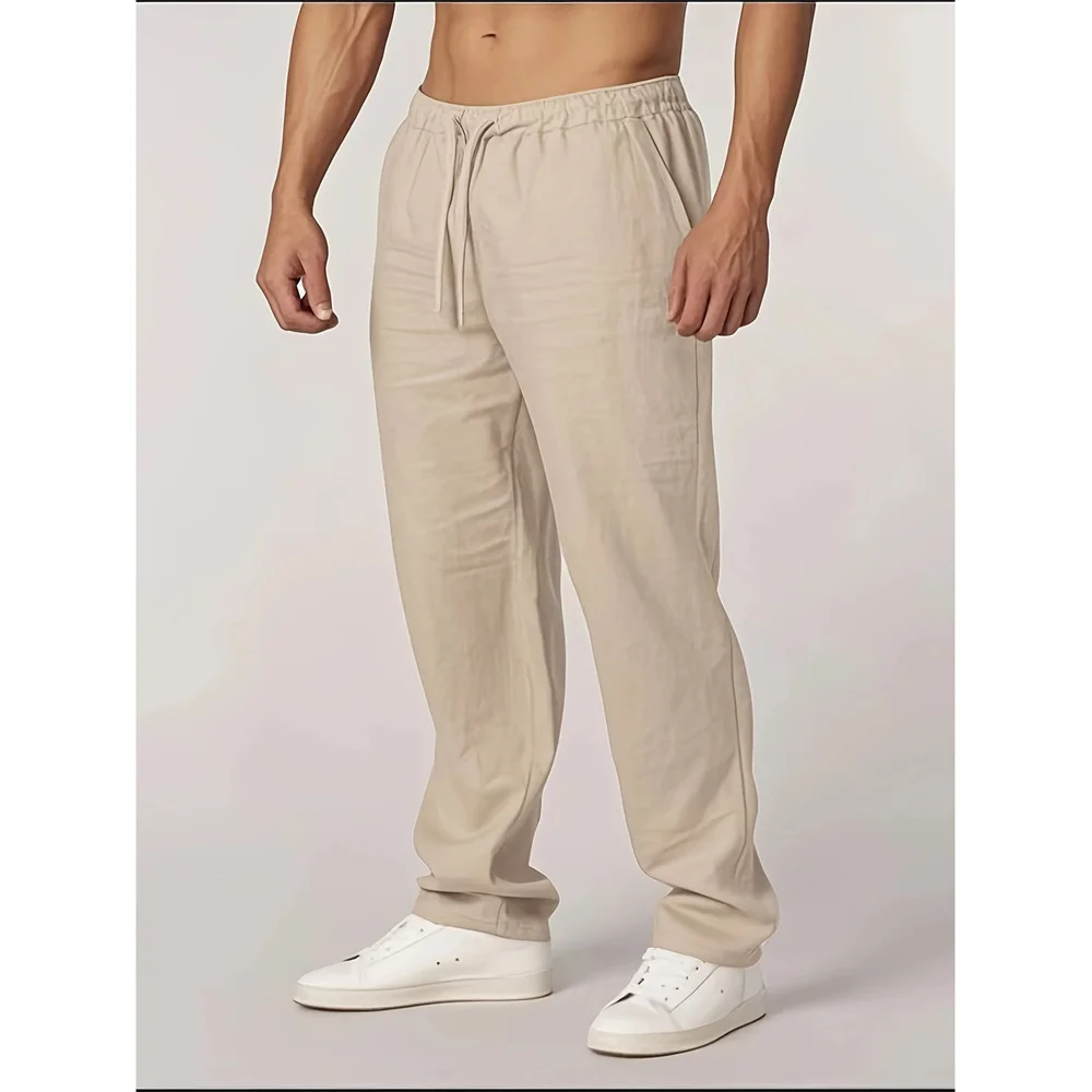 

Autumn New Men's Cotton Linen Pants Straight Leg Lightweight Breathable Casual Basic Style Elastic Waist Long Pants