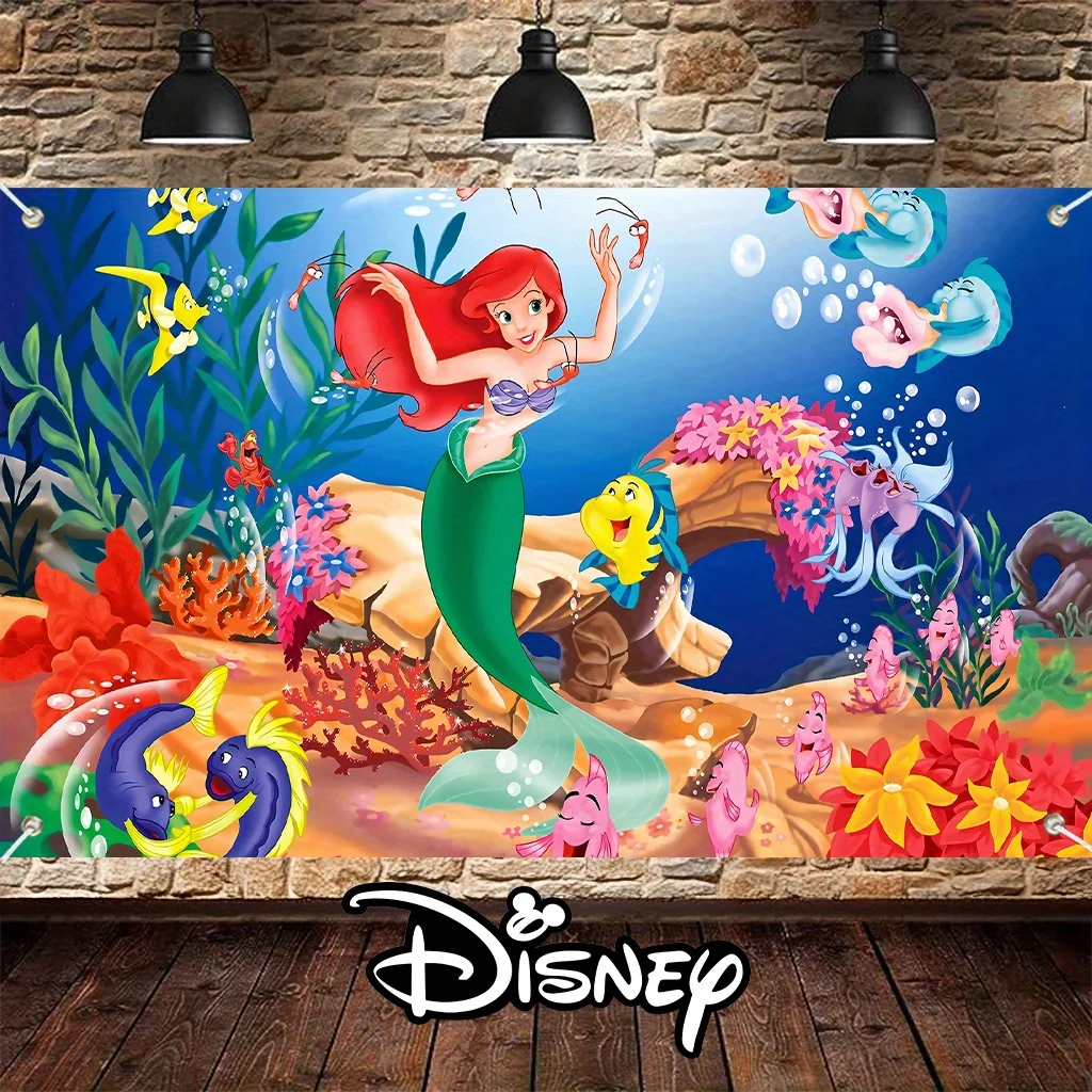 1pc Disney Little Mermaid Theme Birthday Party Background Cloth Banner Suitable For Baby Birthday Photography Decoration Props