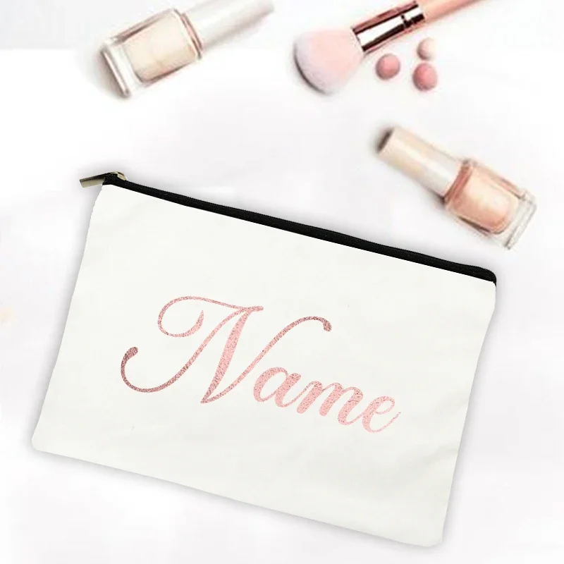 Canvas Custom Name Cosmetic Case Personalized Makeup Bag Bridesmaid Gold Letter Print Holiday Wedding Bachelorette Party Gifts