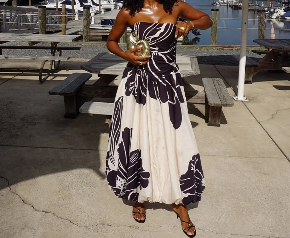 

Women's Dress Traveler's Color Blocked Black and White Printed A-Line Skirt Contrasting Color One Collar Strapless Long Dress