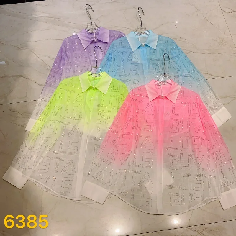 Letter Rhinestone Shirt Women\'s Gradient Color Diamond-Embedded Fashion Sun Protection Coats Fluorescent Color Loose Blouse Top