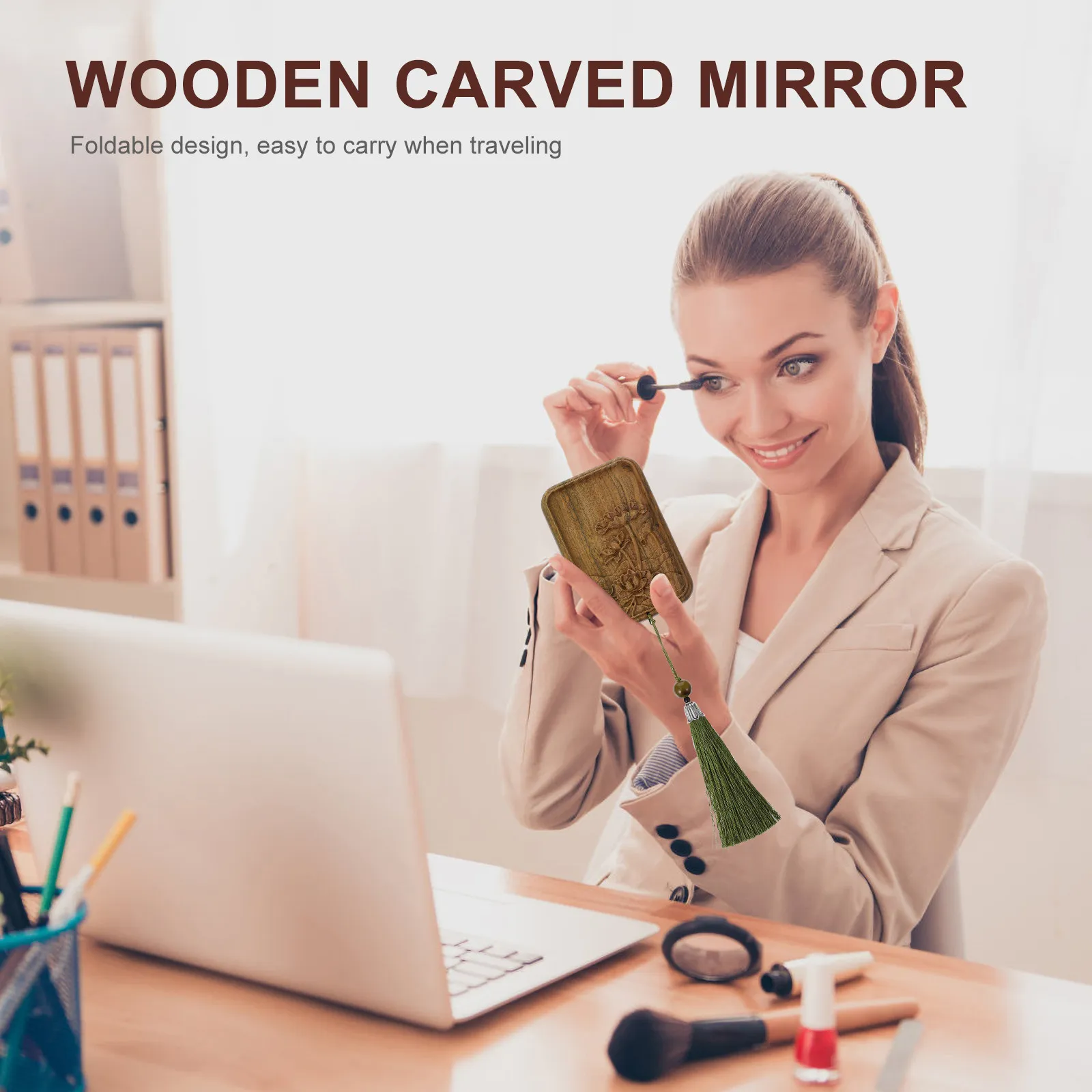 

Wood Makeup Mirror Perfect Size Portable Tool Hanging Tassel Pendant Travel Fashion Mirror Women