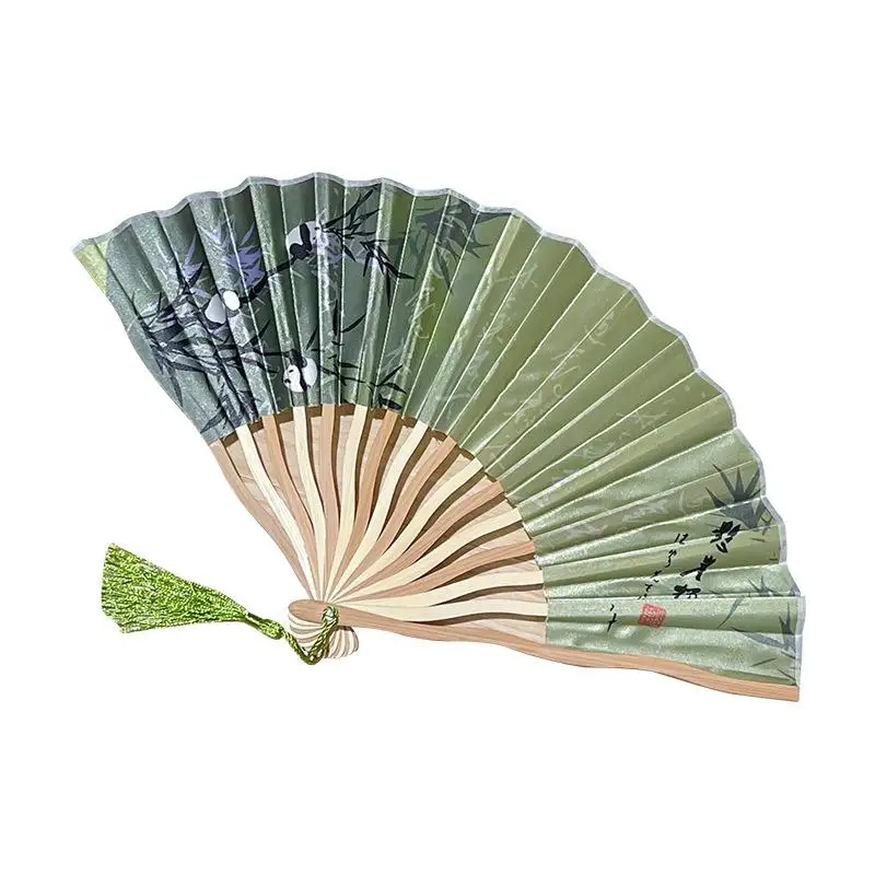 Chinese Japanese Folding Fan Bamboo Colorful Shank Classical Dance Fan Tassel Elegent Female Fan Home Decoration Silk