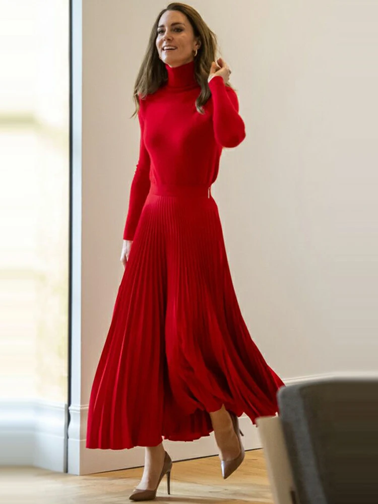 Princess Spring Autumn New Women Sets Turtleneck Knitted Tops Pleated Skirt Vintage Casual Party Office High Quality Red Suit