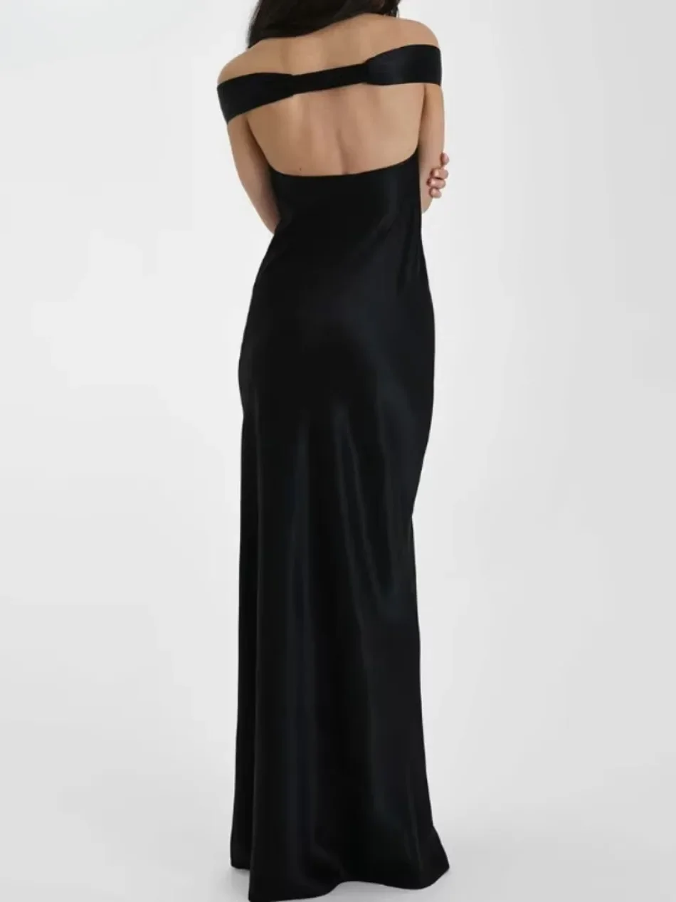 Novo verão cetim arco sem costas sexy maxi vestido para mulheres vestido moda decote em v sem mangas clube festa vestido de noite roupas elegantes