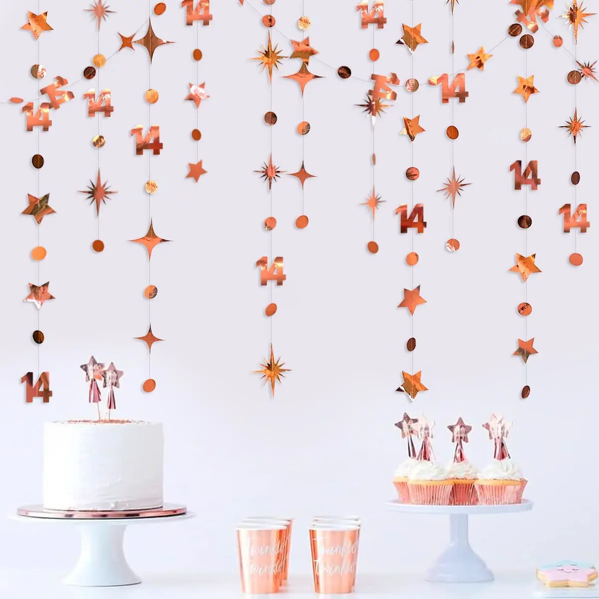 13Ft Rose Gold 14th 13th Birthday Party Decorations 18th Circle Dot Star Garlands Hanging Streamers for Sweet 16 Girls Supplies