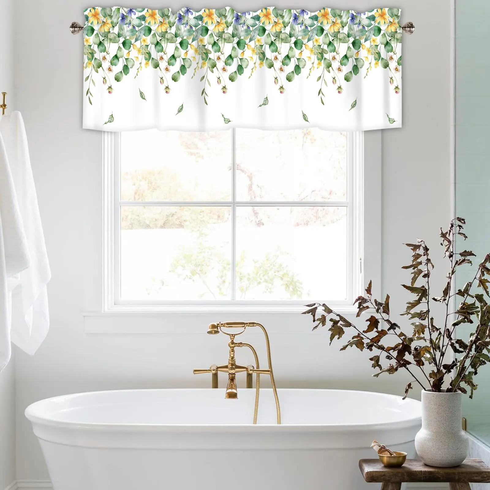 Floral Leaf Green Valance Curtain Rod Pocket Farmhouse Window Treatments for Kitchen Sink Bathroom Living Room Bedroom