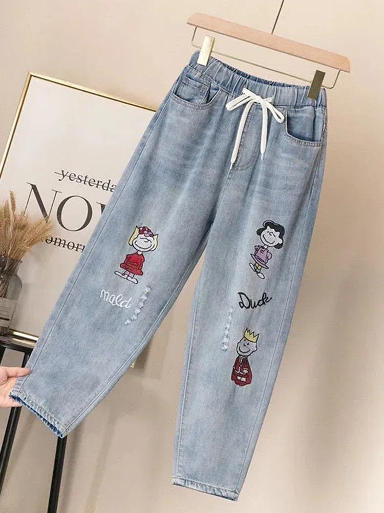 

Cartoon Embroided Harem Jeans Baggy Ankle-length Denim Pants Lace Up Spodnie Straight Ripped Vaqueros High Waist Jeansy A68