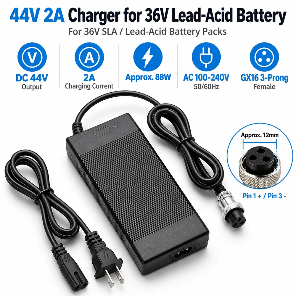 36V 2A żeński 3-pinowy zasilacz do akumulatorów kwasowo-ołowiowych dla 36V Boreem Jia, Minimoto, Rad2Go, ATV, gokart — zdjęcie produktu 2
