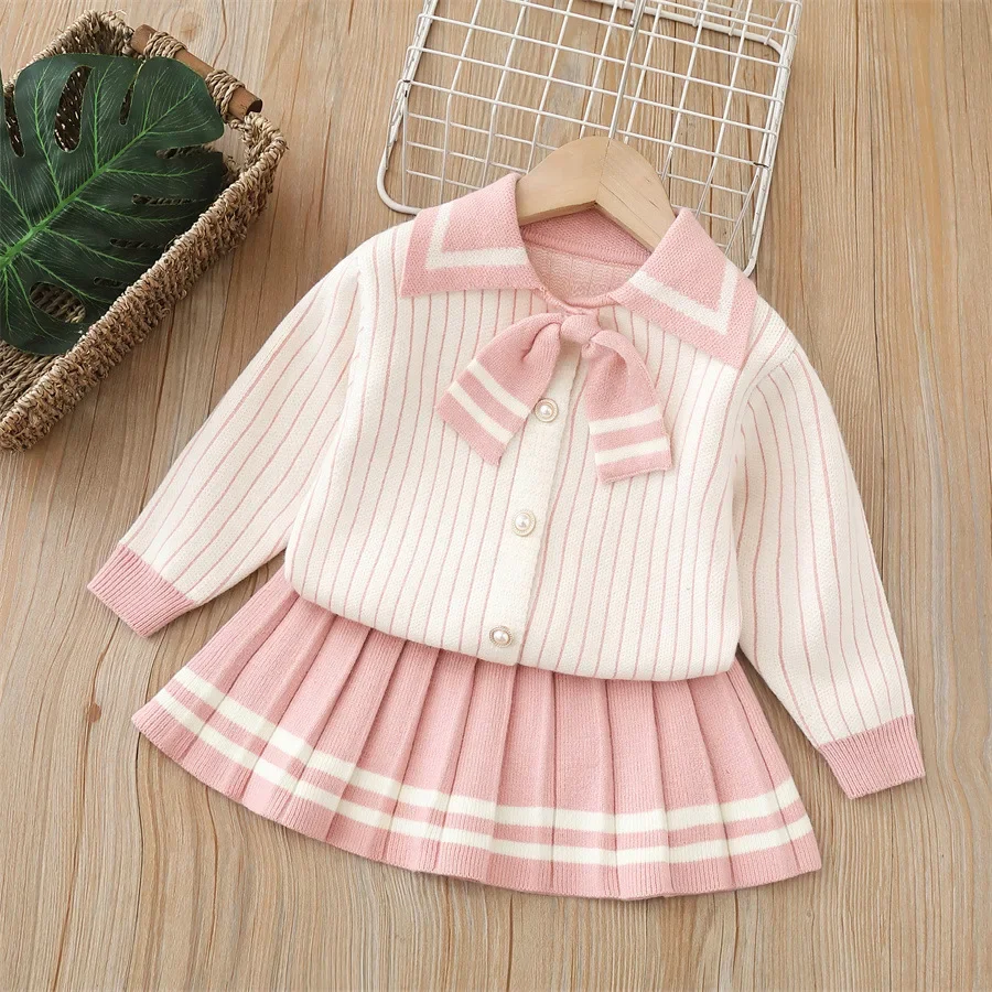 Children\'s Clothing Sets Striped Bow Top + Pleated Skirt 2pcs Sets Winter Clothes for Girls 2 To 6 Years Sweater Korean Style