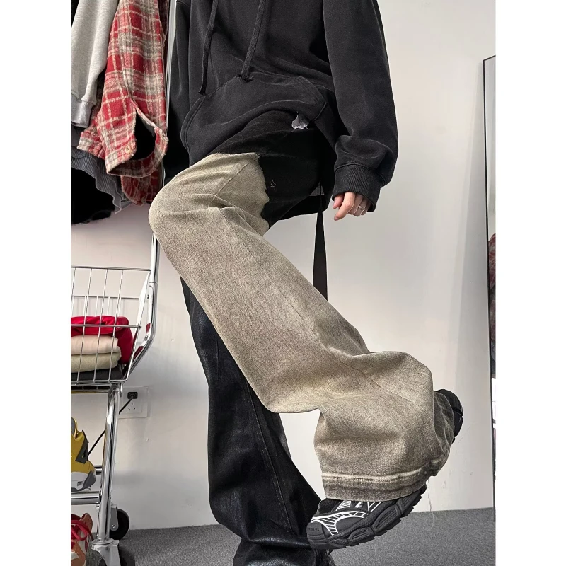 OIMG Y2K Fashion Coating waxing Patchwork Old Baggy Flare Jeans Pants Men 90s Clothes Vintage Long Trousers Pantalones Hombre