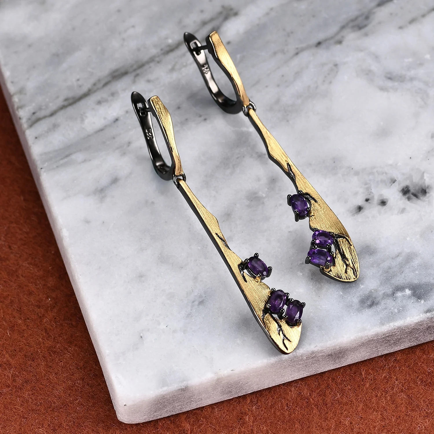 C7875 Abiding Shield 3 Years Long Lasting Two-Tone Plating Natural Gemstone Elegant 925 Silver Earrings