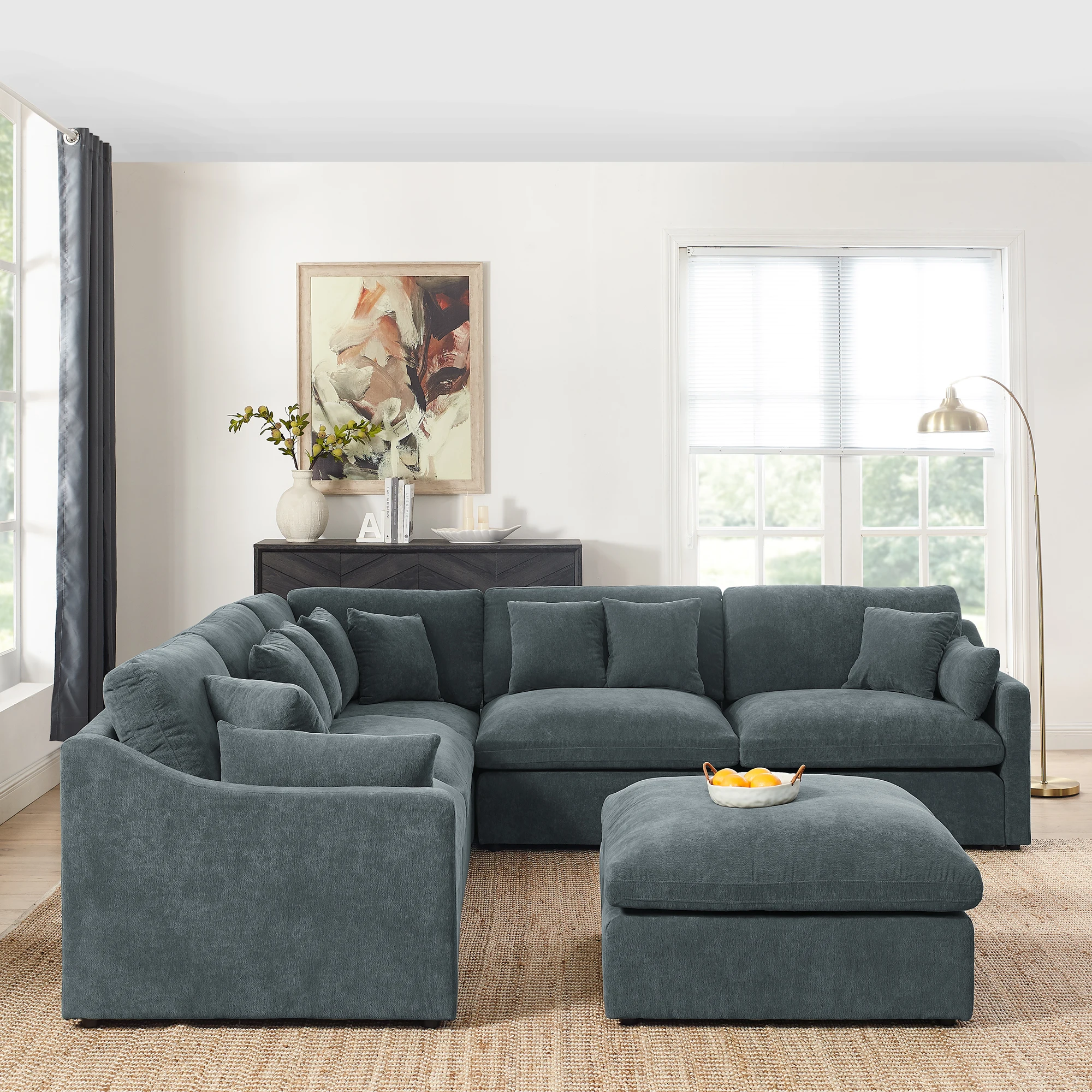 6-Seater L-Shaped Sectional Sofa with Ottoman – Oversized Upholstered Couch, 10 Pillows, Removable Down-Filled Cushions