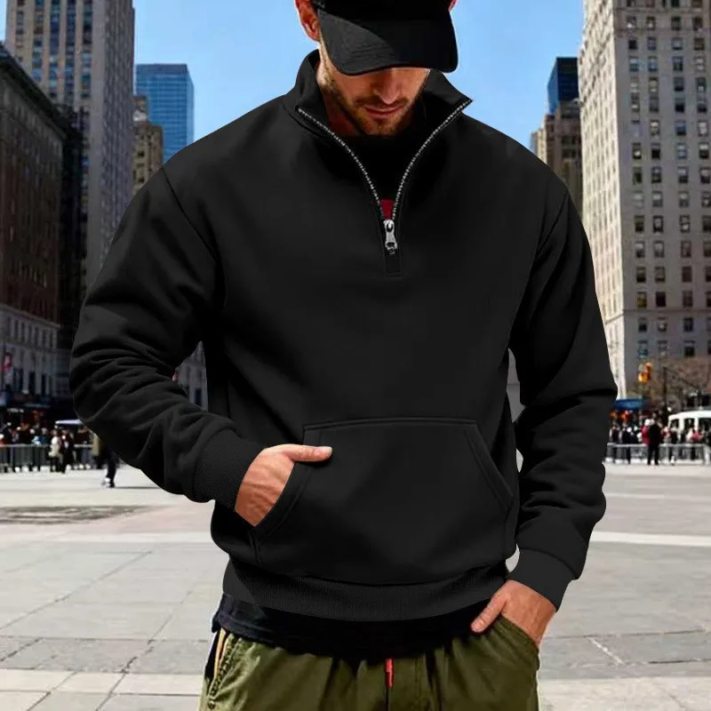 Spring Autumn Version Men Solid Loose Fit Stand Collar Half Zipper Simple Daily Pullover Sweatshirts American Style Male Tops