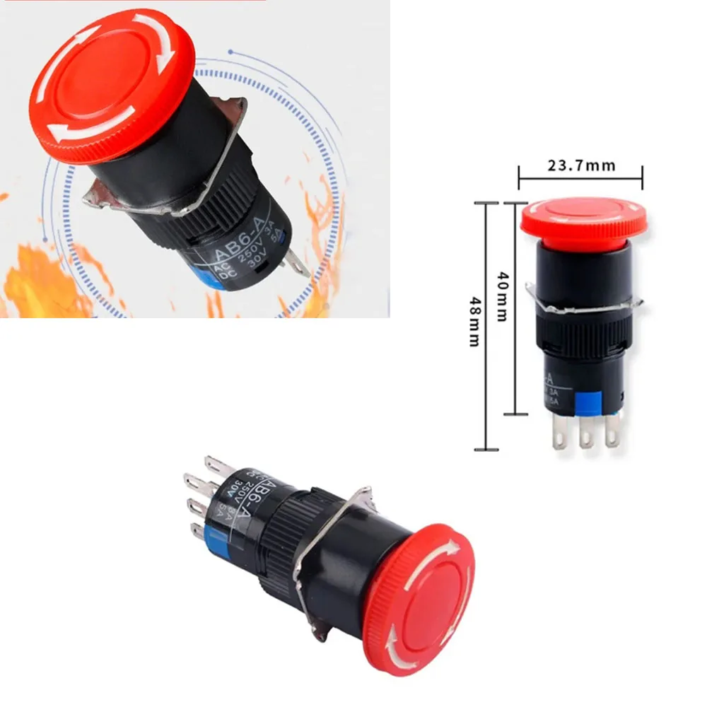 

16mm Flame Retardant Switch Emergency Stop Self-locking Button Switch without Light Thickened Silver-plated 6Pin 2NO/2NC 250V 5A