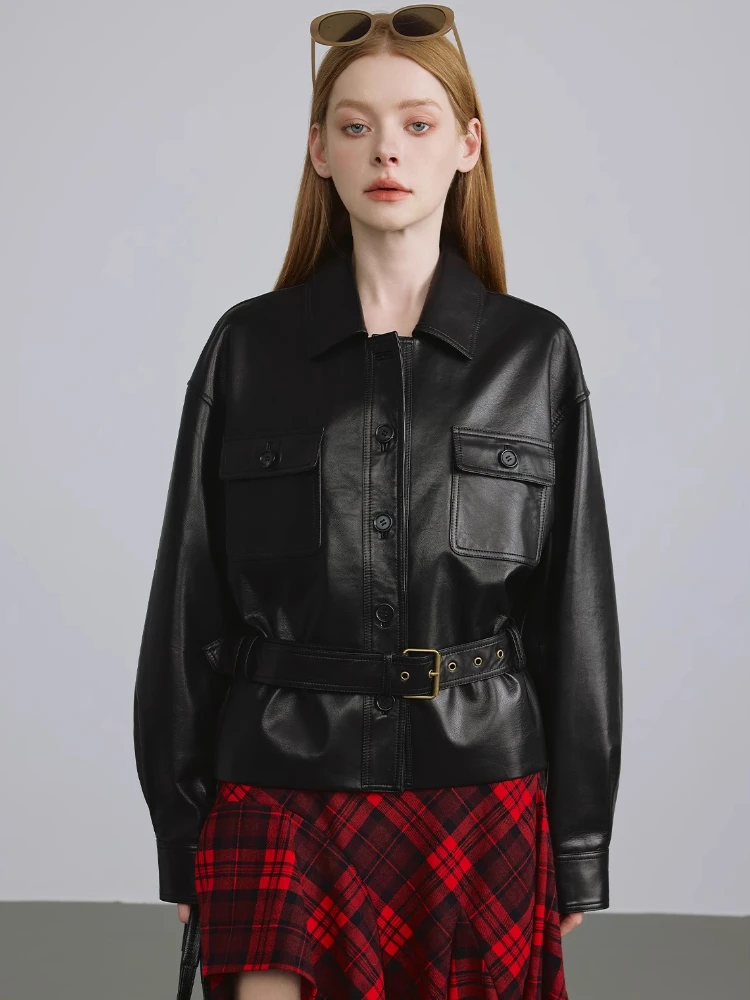

Casual Short Genuine Leather Jackets for Women Simple Soft Black Natural Real Sheepskin Coat with Belt chaqueta de cuero mujer