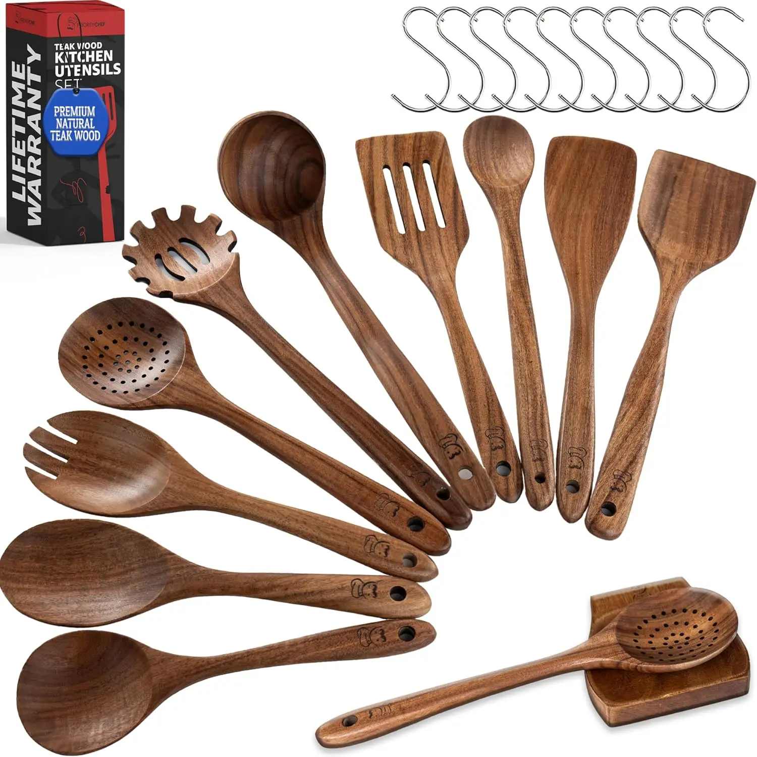 

Premium Teak Wooden Utensil Set - 10pc with Spoon Rest & Hooks, Heat-Resistant & Nonstick Safe, Ideal for Gifting