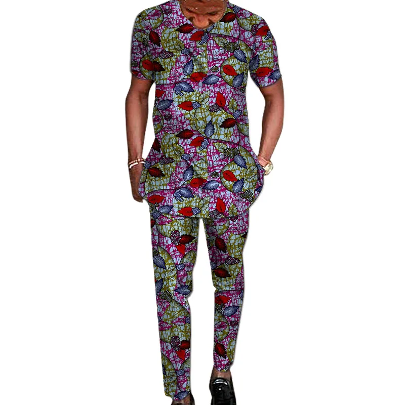 Nigerian Fashion Men\'s Short Sleeve Tops+Trousers African Wax Colorful Print Male Pant Suits Wedding Party Garment